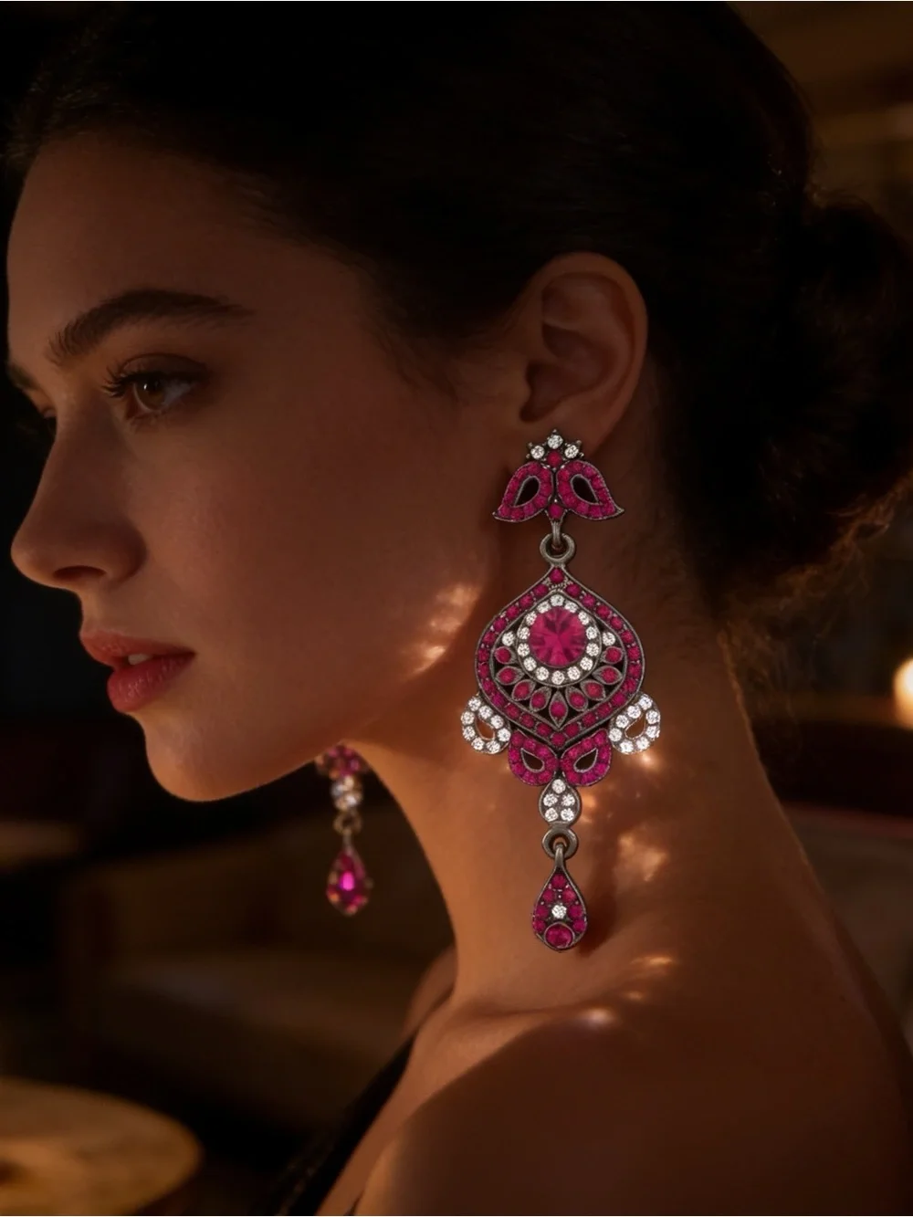 Victorian Fuchsia Crystal Diamond Gothic Chandelier Dangle Earrings